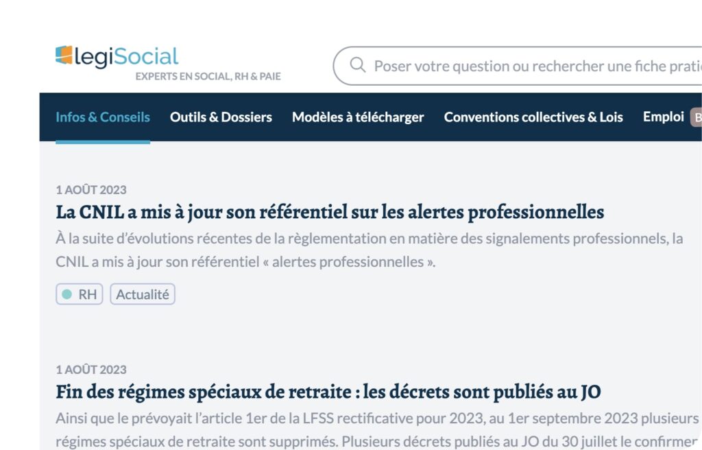 Capture d'écran du site d'informations LégiSocial